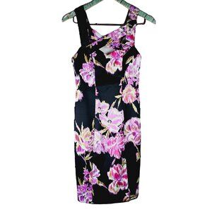 Vintage Cache Floral Silky Satin Criss Cross Bodycon Dress, Sz 2